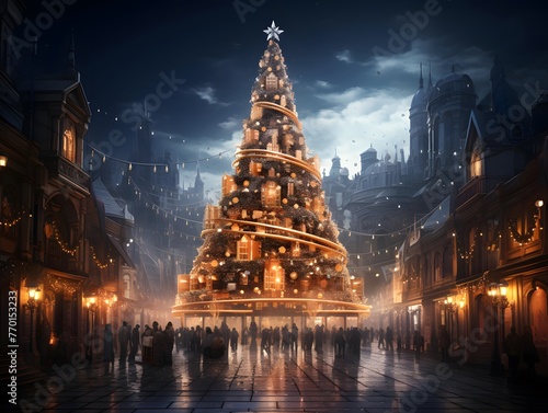 Christmas tree in the center of Moscow at night, Russia. Festive background
