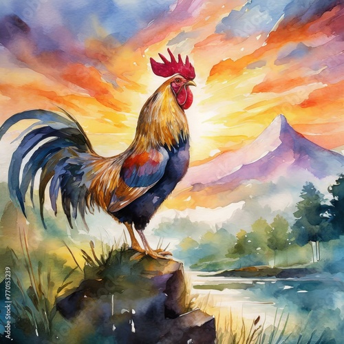rooster in the morning.a serene wall art piece capturing the essence of a rooster's morning call against a backdrop of a colorful sunrise. Use delicate washes of color and soft blending techniques to 