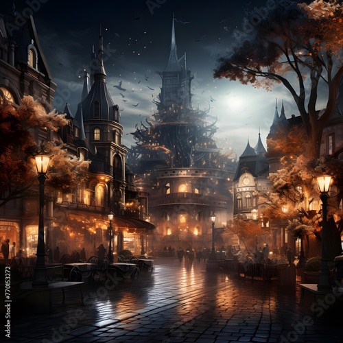 Halloween scene with haunted castle on the street in misty night © Iman