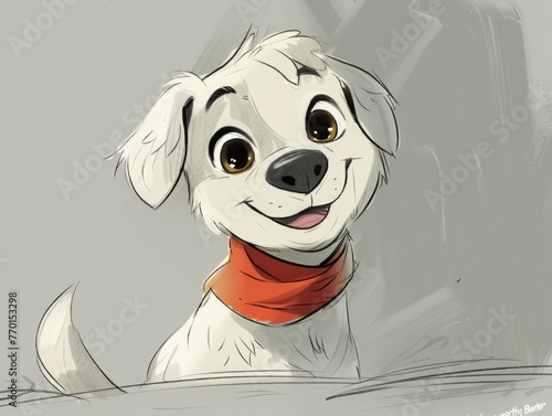 A drawing of a dog with a red bandanna around its neck.