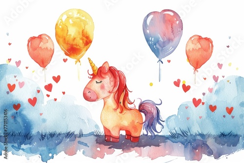 A watercolor painting of a unicorn with balloons.