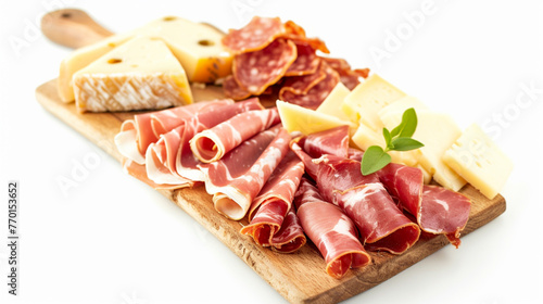 Board with jamon and cheese on white background. Generative Ai