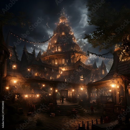 Mystical temple in the fog at night. 3D rendering © Iman