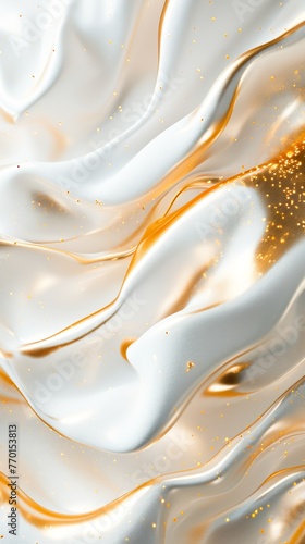 Close-up of white and gold liquid with shiny spots