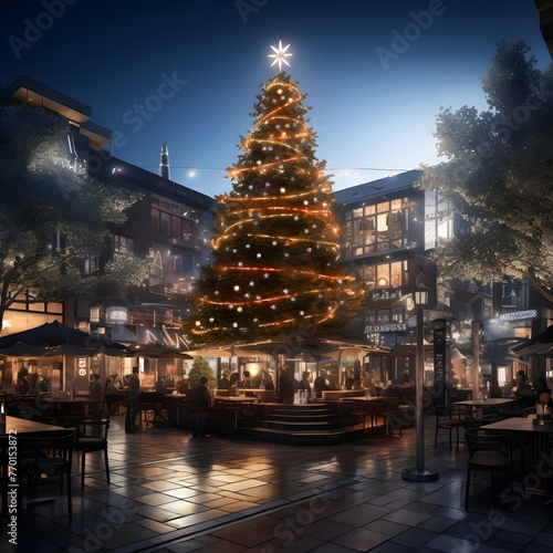 Christmas tree in the city at night. 3d render illustration.