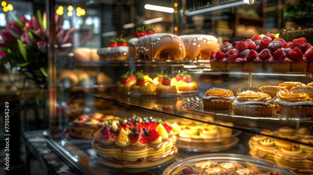 Sweet pastries with berries. Showcase in a candy store. Glass stand with cake eclairs and tartlets. refrigerator shelves with sweets. Confectioner's work space