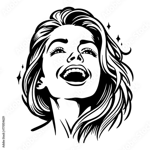 Joyful Woman Laughing Retro Art Style PNG illustration with transparent background