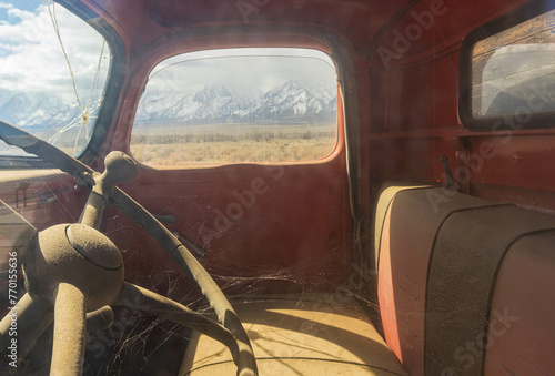 Vintage Red Truck and Restored Mess Hall, Manzanar National Historical Site, California, USA photo