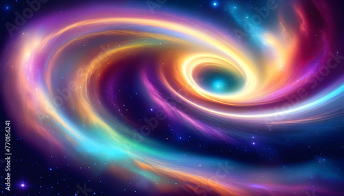 A colorful, abstract digital painting of a cosmic wave with stars and a galaxy in the background