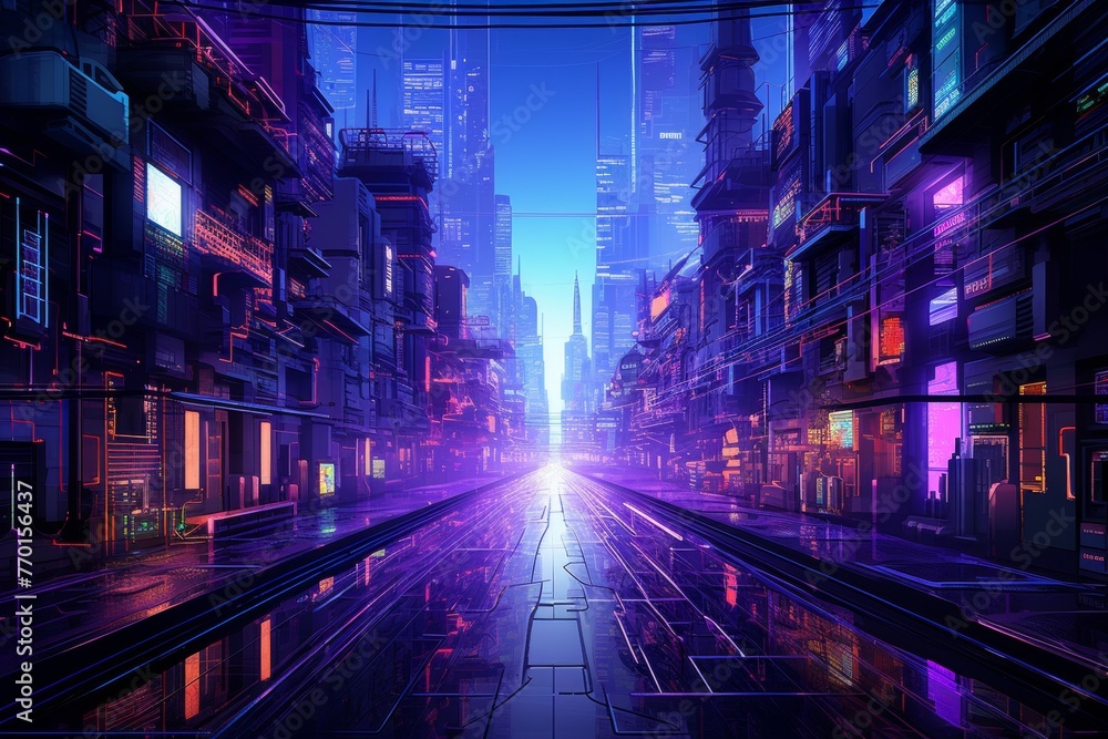 A futuristic cityscape at night with towering skyscrapers illuminated by vibrant lights. The scene creates an enigmatic ambiance, inviting exploration and wonder into this urban world.