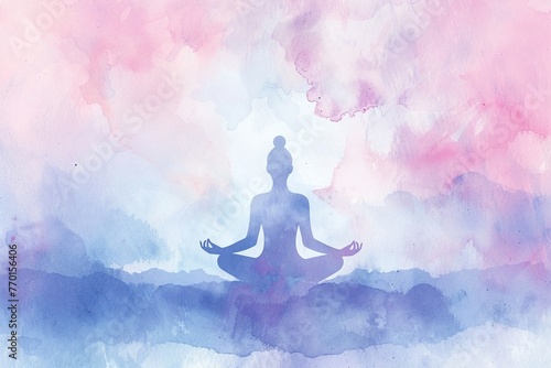 Soft pastel watercolor background with a silhouette of a yoga pose