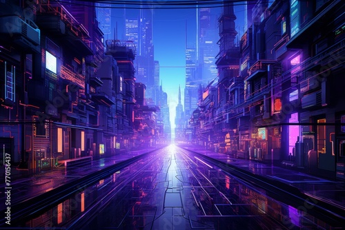 A futuristic cityscape at night with towering skyscrapers illuminated by vibrant lights. The scene creates an enigmatic ambiance, inviting exploration and wonder into this urban world.