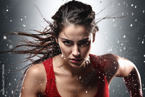 A focused young female athlete in a challenging workout, sweat glistening on her face, hair flowing in the wind. Determined expression shows commitment to push limits.