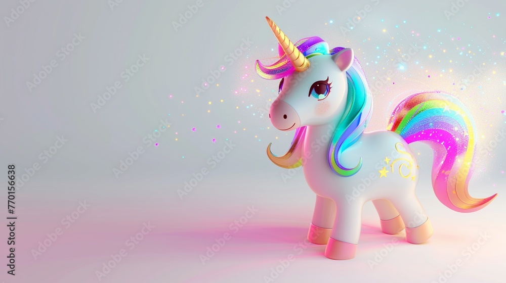 3D kawaii unicorn with a shimmering horn