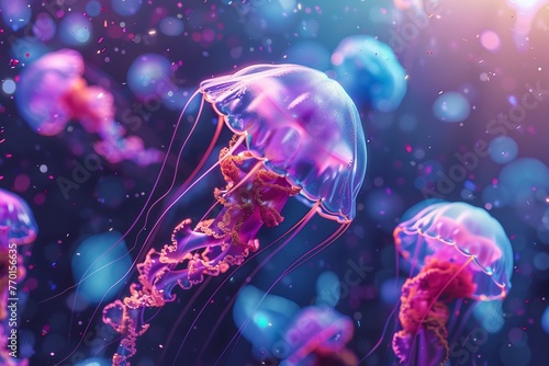 3D-rendered jellyfish in neon hues drifting in a deep sea adventure