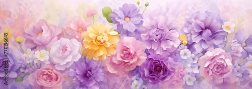 Floral garden texture with blooming with flowers, rose pink, lavender and buttercup yellow