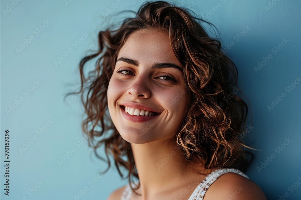 Portrait of a beautiful young woman smiling and looking at camera isolated over blue background Portrait of a beautiful young woman smiling and looking at camera isolated over blue background