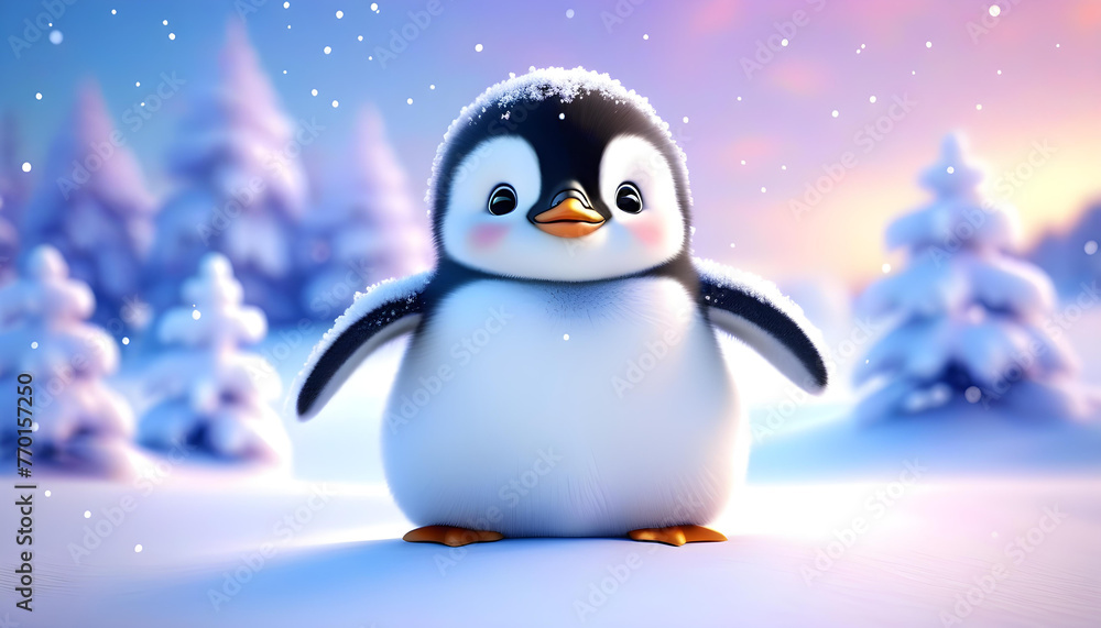 Fototapeta premium A 3D rendered image of a baby penguin in a snowy winter scene