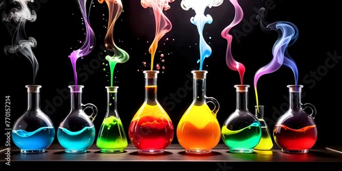 Flasks with colored and luminous liquids, with colored haze, background, chemistry