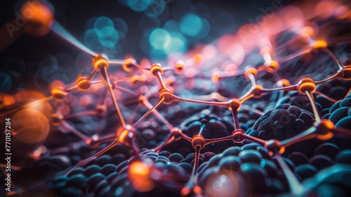 Abstract close-up photo of a molecule with orange atoms on a dark blue background with bokeh