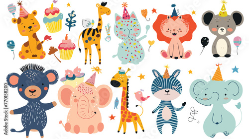 Fototapeta Naklejka Na Ścianę i Meble -  Set of cute Cartoon animals and kids for happy birthday