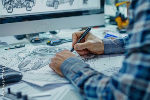 Design engineer drawing car part in automotive industry for precision and quality result