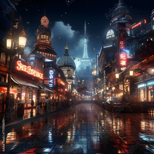London street at night, England, UK. 3D rendering.
