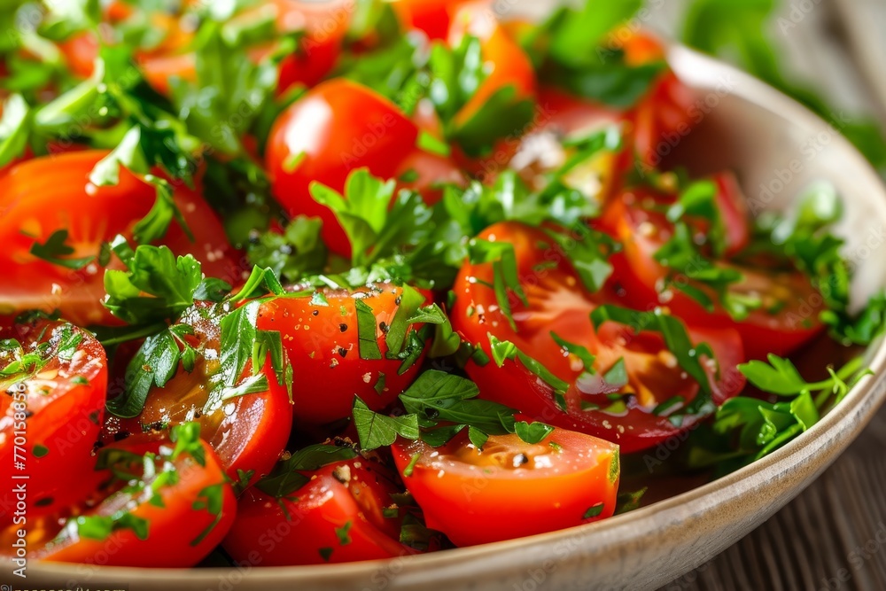 Nutrient-rich spring salad with fresh herbs and ripe tomatoes for a healthy diet Nutrient-rich spring salad with fresh herbs and ripe tomatoes for a healthy diet