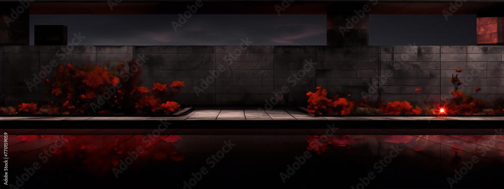 futuristic minimal dark patio garden with red plants and a reflecting pool