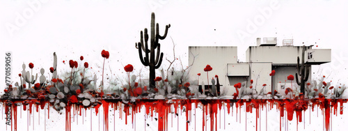 Cactus and flowers in front of a building with a white background, red paint dripping from the bottom in an abstract surrealism style