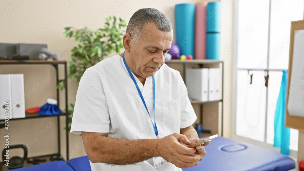 Mature hispanic man in medical uniform focuses on a smartphone inside a bright rehabilitation clinic. Mature hispanic man in medical uniform focuses on a smartphone inside a bright rehabilitation clinic.