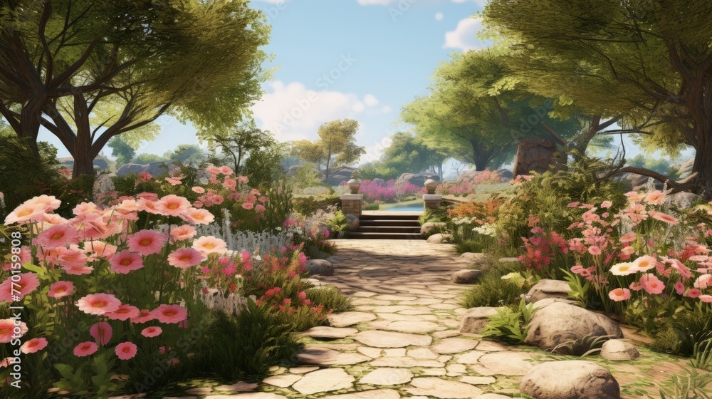 a peaceful garden with a stone pathway and blooming flowers