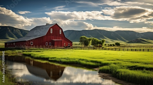 a rustic farm with a red barn and rolling green pastures