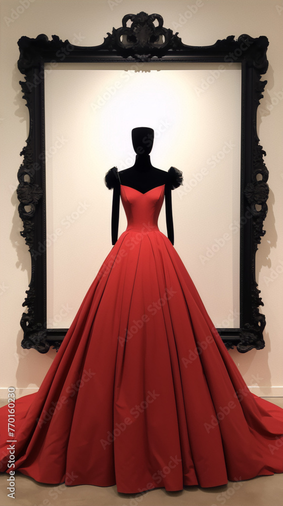 Fototapeta premium Black mannequin in a red ball gown stands in a black ornate frame, interior, fashion, photorealism, red, black, white