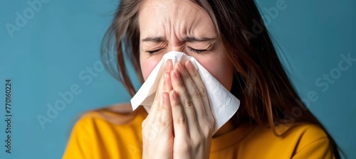 Unwell woman blowing nose into tissue, providing ample space for customized text placement