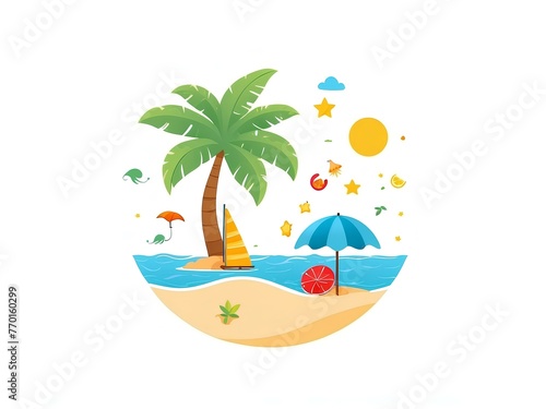 beach with palm trees scene isolated on white background, symbol, summer holiday concept 