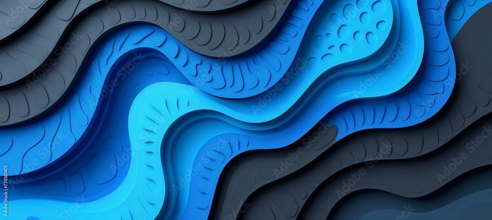 Obraz premium Abstract 3d wavy smooth dark matte background in black and blue, aesthetic concept.
