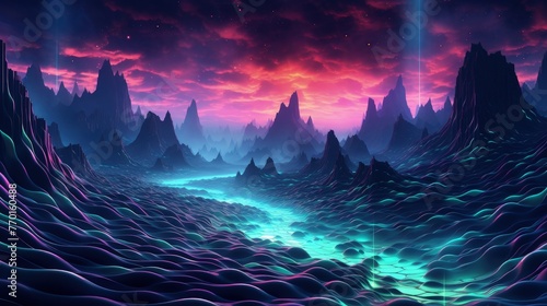 geometric waves in neoncolors flowing through a futuristic landscape