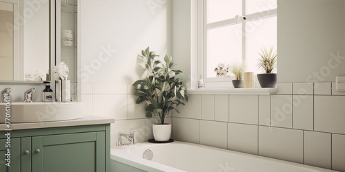 Bathroom interior with a large window  green cabinet  and plants in pots on the windowsill in a bright and airy interior design style