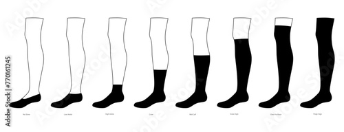Set of Socks hosiery - No Show, low, high ankle, crew, mid calf, knee high, thigh length. Fashion accessory clothing technical illustration stocking. Vector side view for Men, women style, flat CAD
