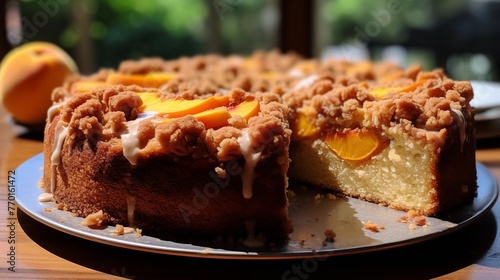 Coffee cake with a sliced peach baked into the center.
