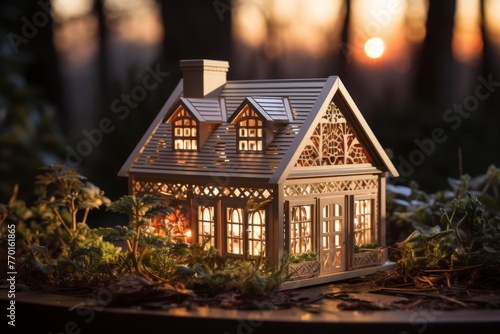 A charming miniature house with delicate cutouts is surrounded by lush greenery, creating a peaceful and enchanting scene as the sun sets over the horizon