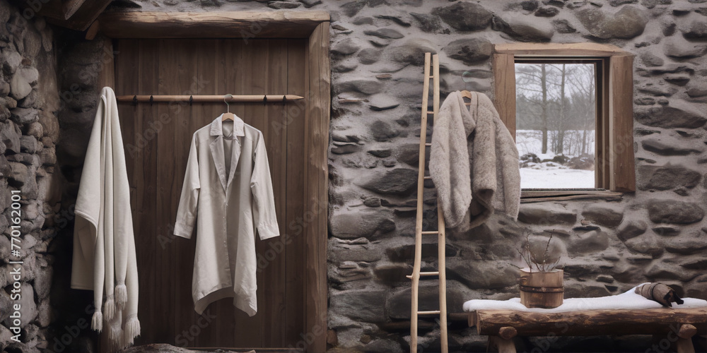 Rustic stone cottage interior with fur coats and wooden accessories in neutral colors, bathed in soft natural light.
