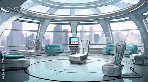 Futuristic interior of spaceship with large windows and blue and white furniture in anime style photo