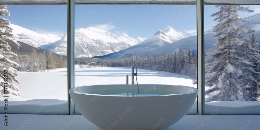 Modern bathroom interior with a large bathtub and a view of the snowy mountains Modern bathroom interior with a large bathtub and a view of the snowy mountains