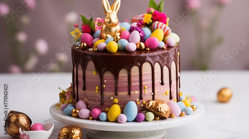 Easter cake decorated with a chocolate bunny and colorful candy eggs.