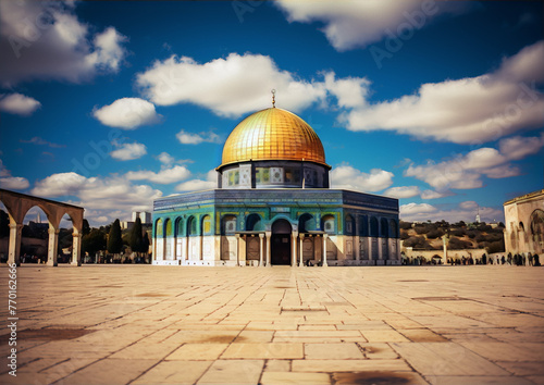 Foggy Al-Aqsa Mosque, a religious landmark with silver domes and minarets, in Al-Quds , palestine, Middle East, in a minimalist fine art photography style