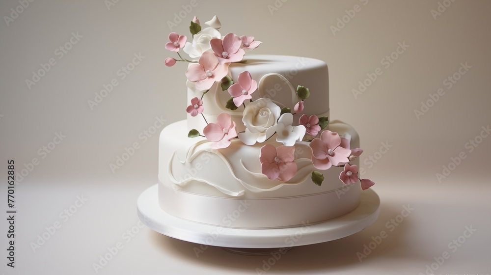 Engagement Cake with Two Intertwined Fondant Rings and Sugar Flowers. Engagement Cake with Two Intertwined Fondant Rings and Sugar Flowers.