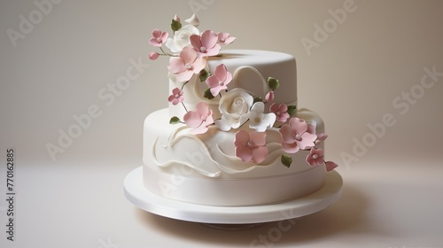 Engagement Cake with Two Intertwined Fondant Rings and Sugar Flowers.