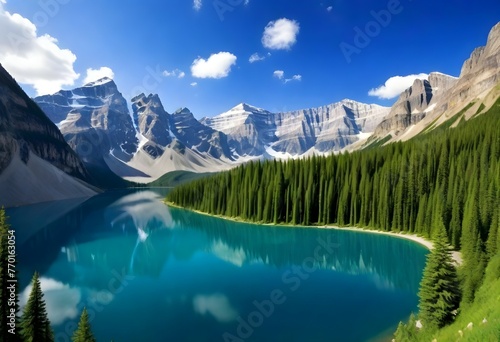 A captivating blend of emerald green and sapphire blue, conveying the majesty of a dense forest meeting a pristine mountain lake.